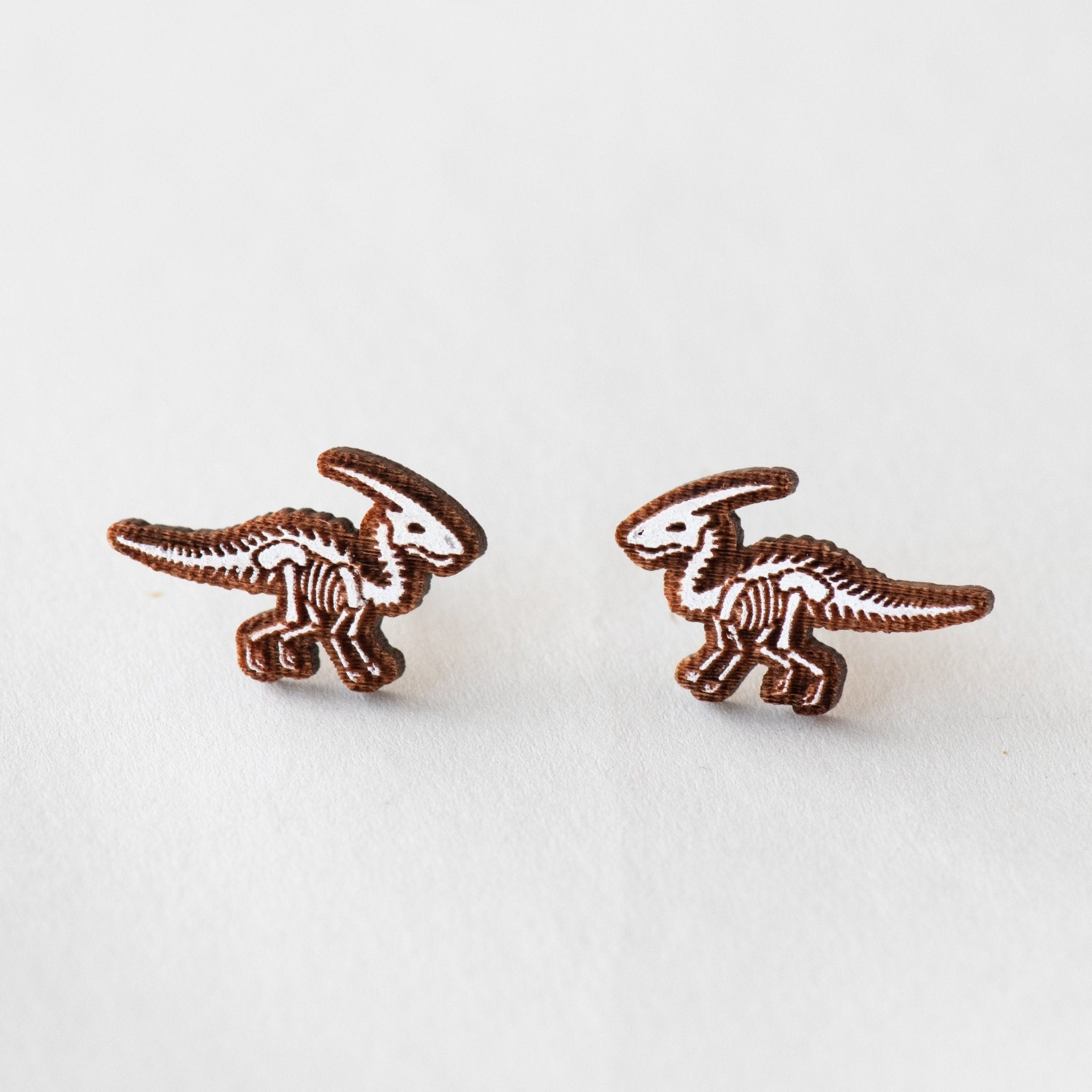 Parasaurolophus Dinosaur Skeleton Fossil Cherry Wood Stud Earrings